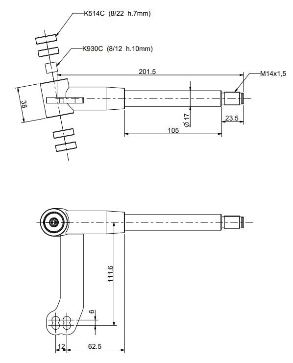 Achsschenkel, 17mm, komplett, rechts, für 100/125cc, L=175mm
