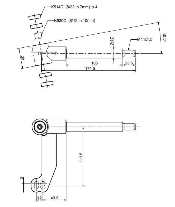 Achsschenkel, 17mm, komplett, rechts, für 100/125cc, L=160mm