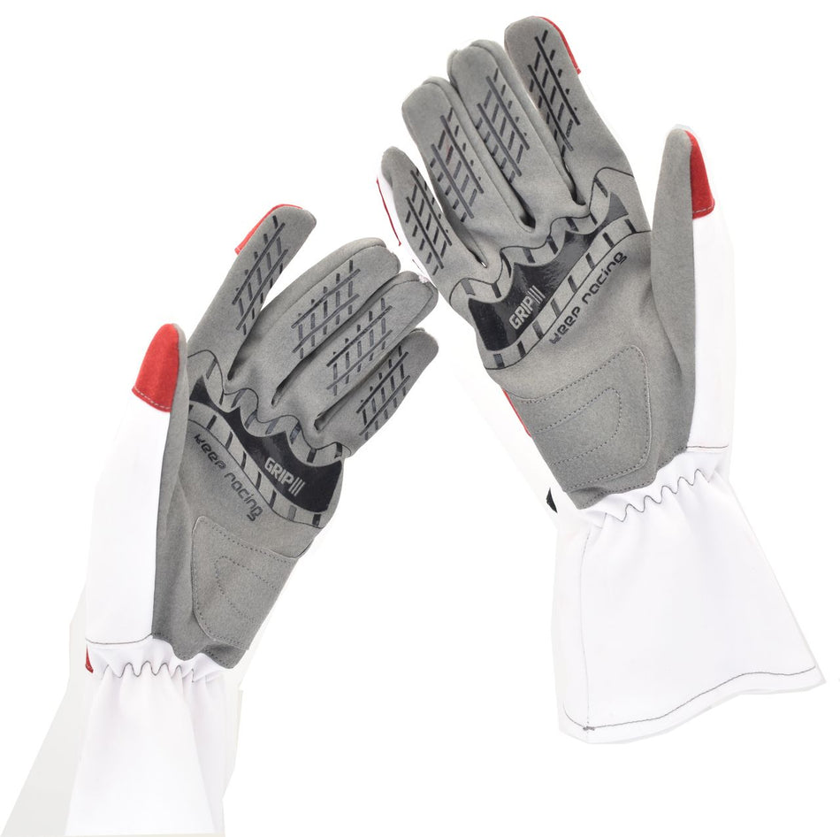 GRIP III Motorsport Handschuhe, Kart Handschuhe, keep-racing®, weiß/rot/grau/schwarz