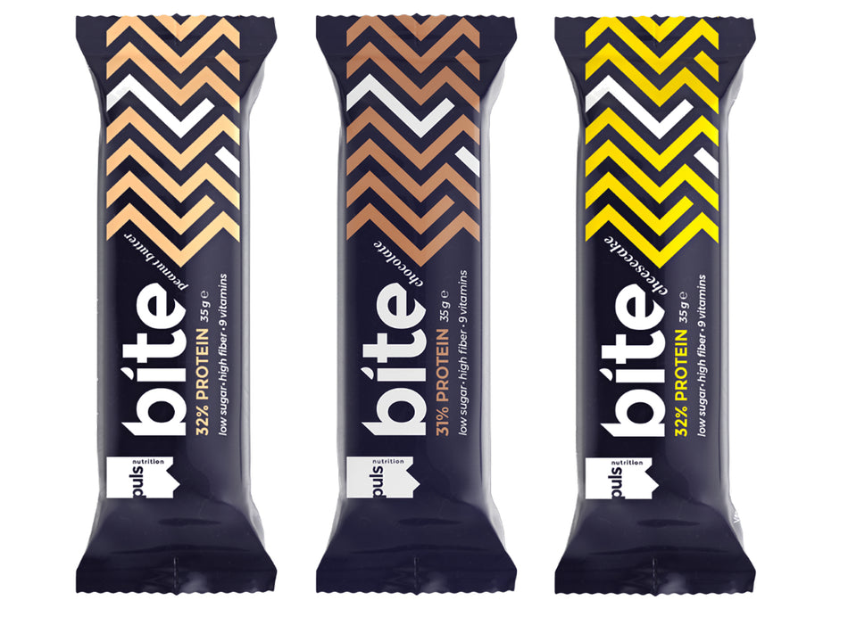 PULS BITE Bar, low sugar, flavors: chocolate, cheesecake, or peanut butter, 35g