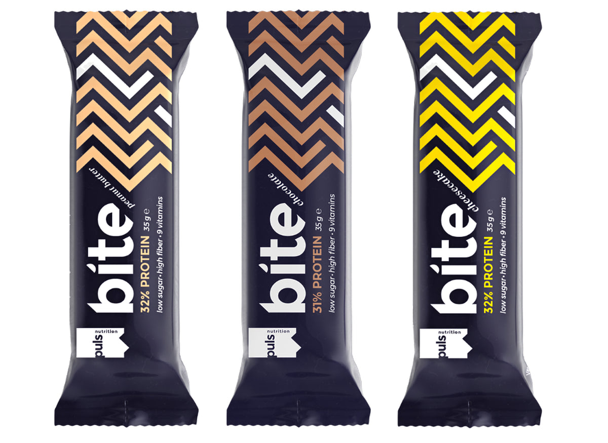PULS BITE Riegel wenig Zucker, Geschmack: Schokolade, Käsekuchen oder Erdnussbutter, 35g