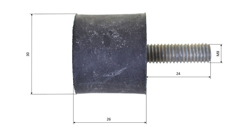 Silent block, rubber-metal mount, rubber buffer, 30 mm diameter, 26 mm height, M8x24 mm