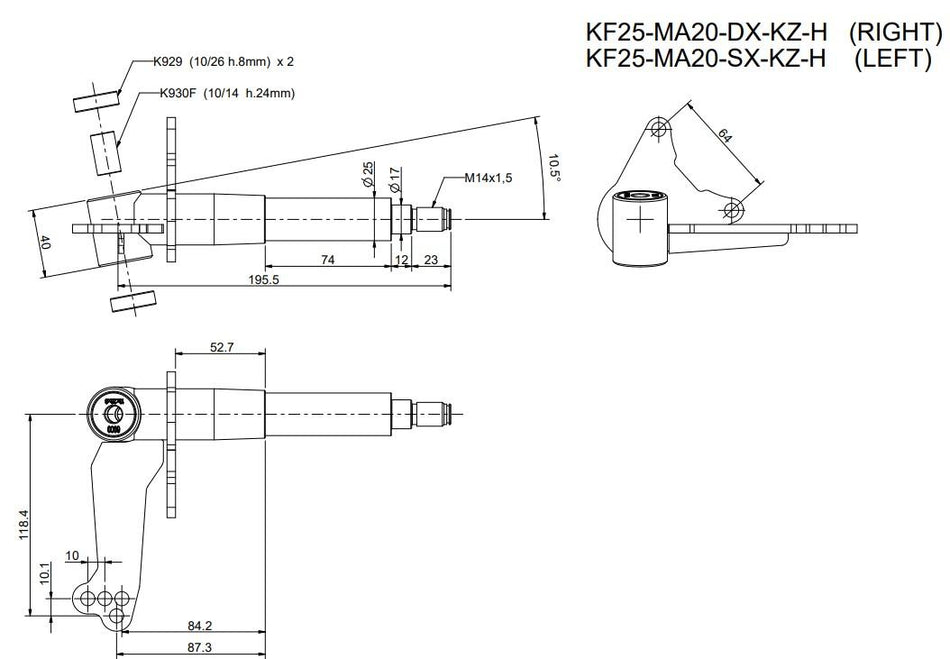 Achsschenkel, 25mm, komplett, links,10,5°, für MA20 KZ