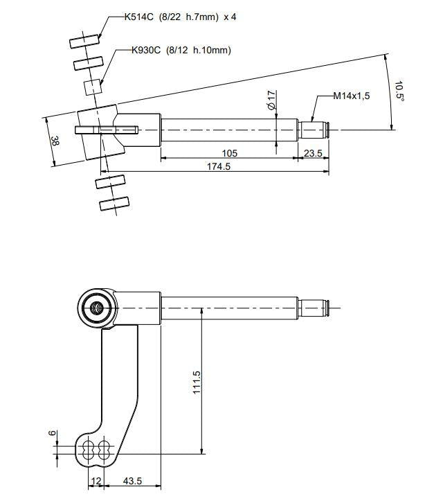 Achsschenkel, 17mm, komplett, rechts, für 100/125cc, L=160mm