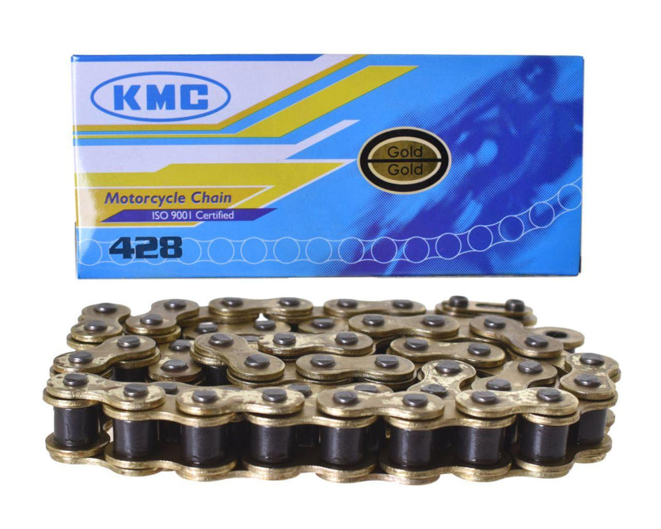 Chaîne KMC 428 dorée, ISO 9001, 52 à 80 maillons, avec antivol